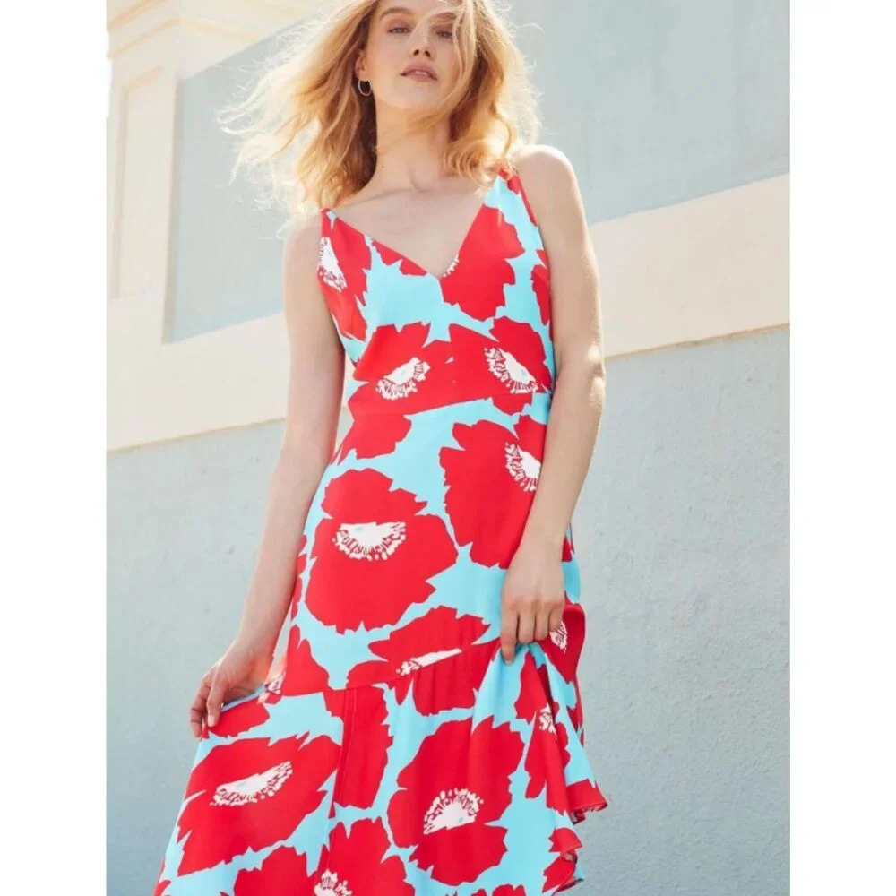 Milly Blue Red Floral V-Neck Sleeveless Asymmetrical Dress 22198